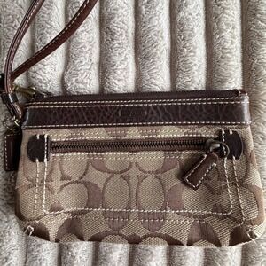 Coach Signature Jacquard Wristlet Brown Leather Trim Monogram Small Bag